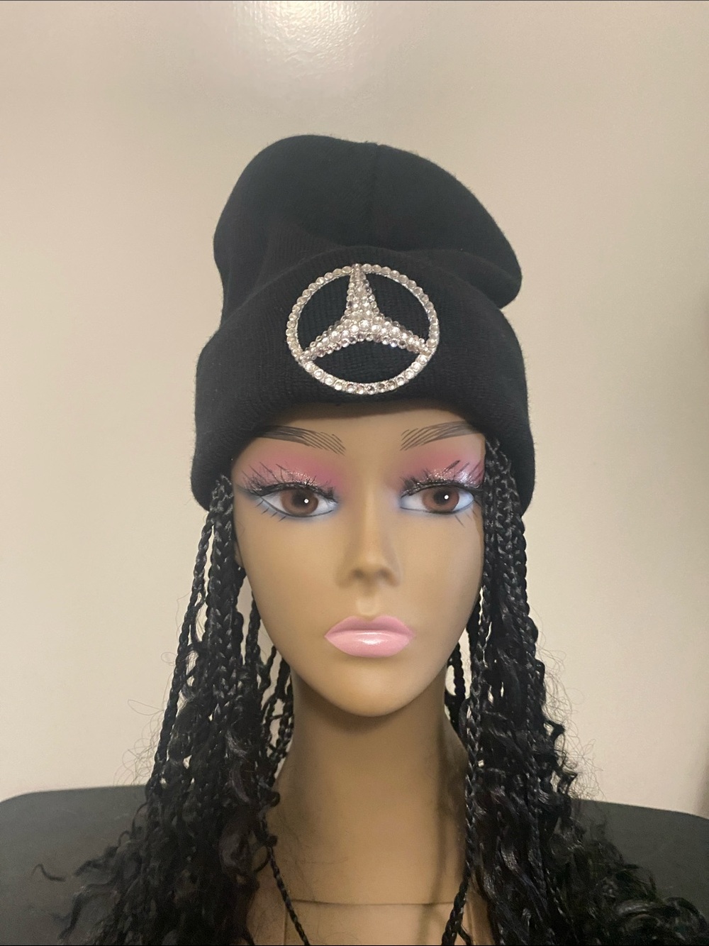 Mercedes Benz Black Rhinestone Emblem Knit Beanie - Women